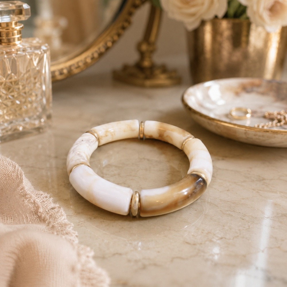 Marbled Cream Tan Resin Bamboo Bangle Bracelet Gold Tone Spacers Stretch